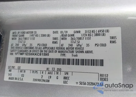 2019 Ford F-150 Xl z USA, uszkodzony, nr VIN 1FTMF1E5XKKC81595